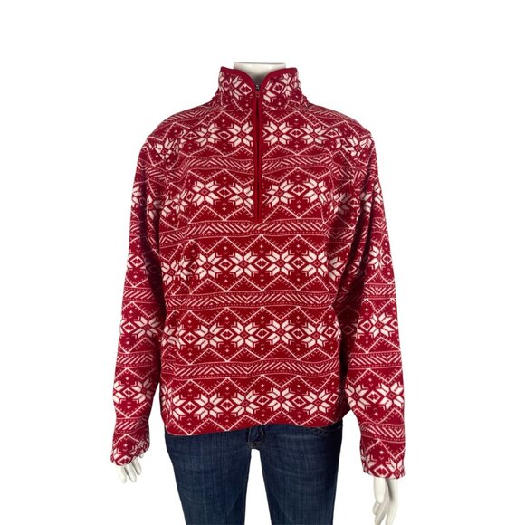 Lands End Fair Isle Snowflake Fleece Womens Large L/P Red White 1/4 Zip Pullover - Picture 1 of 8